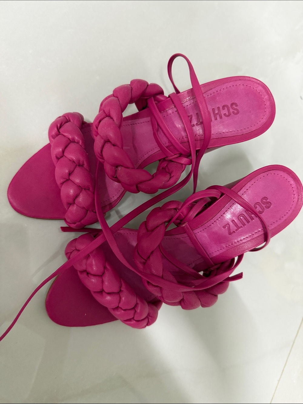 SCHUTZ Hot Pink Braided Lace-Up Heeled Sandals